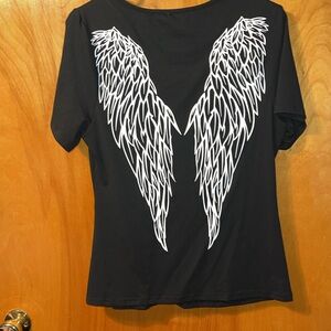 Black Women’s Tee with White Angel Wings - Brand Unknown